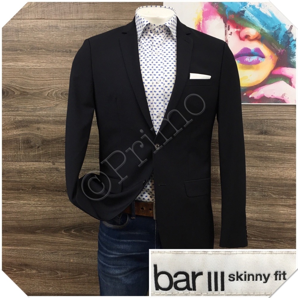 BAR III Men Wool Blazer Sport Coat Casual‎ Jacket Size 42L Slim Fit Black Suit